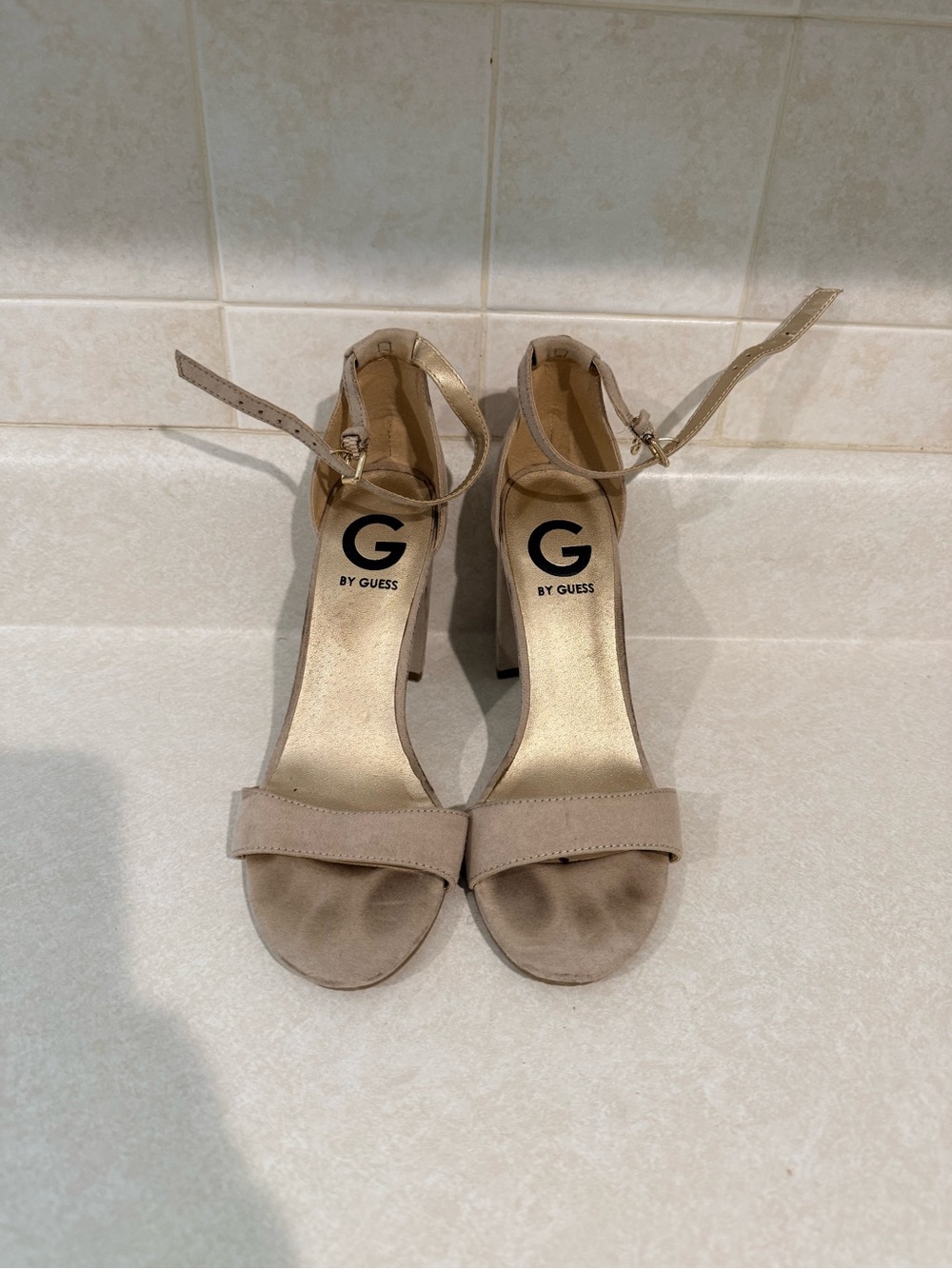 G by Guess Taupe/Beige Ankle-Strap Block Heel Sandals